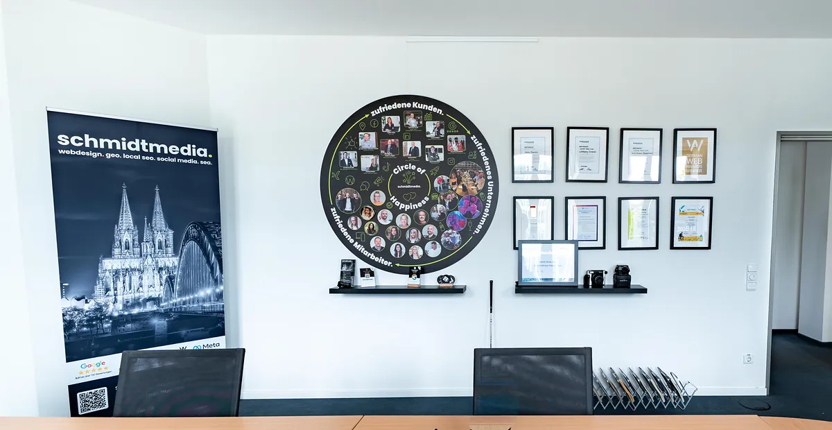 Wand mit „Circle of Happiness“, gerahmten Auszeichnungen und Köln-Rollup im Büro von schmidtmedia